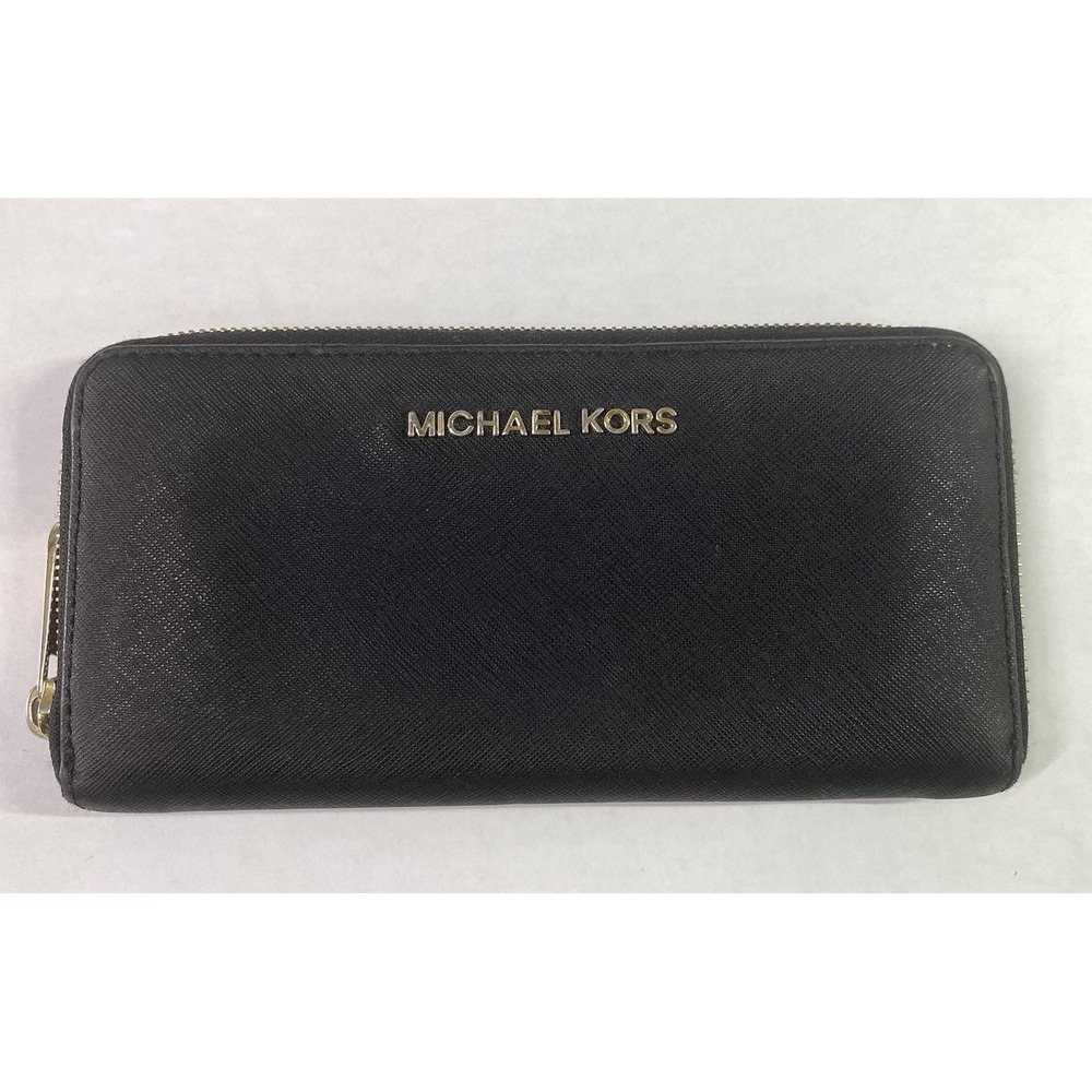 Michael Kors Women Leather Zip Around Wallet Black 8 Credit Cards 4x8x1" Pockets